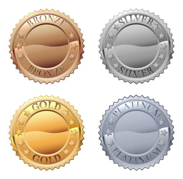 Medals Icon Set A medals icon set with platinum, gold, silver and bronze badges bronze alloy stock illustrations