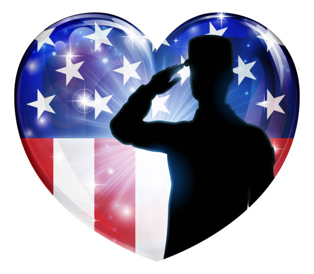 Soldier Saluting Patriotic American Flag Heart A soldier saluting in a patriotic American flag heart veterans day logo stock illustrations
