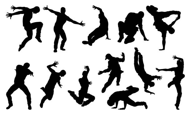 ilustraciones, imágenes clip art, dibujos animados e iconos de stock de siluetas de bailarina de baile callejero - dancing dancer hip hop jumping