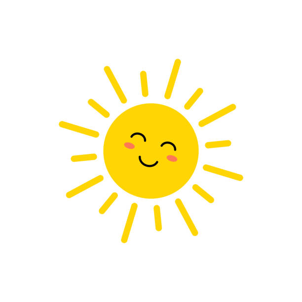 ilustraciones, imágenes clip art, dibujos animados e iconos de stock de icono de vector solar. lindo sol amarillo con cara. emoji. emoticono veraniego. ilustración vectorial - color image emoticon behavior yellow