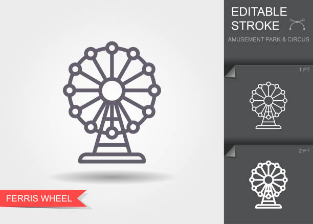 ilustrações, clipart, desenhos animados e ícones de roda gigante. ícone do esboço com curso editable. símbolo linear com sombra - ferris wheel carnival wheel amusement park ride