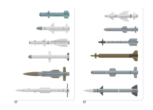 Vector illustration of fighter aircraft missiles is on a white background. Set of fighter aircraft missiles is isolated on a white background. There are air-to-air missiles and air-to-surface missiles. The set rockets for a fighter jet have different forms and colors. The concept is rocket armament. missile stock illustrations