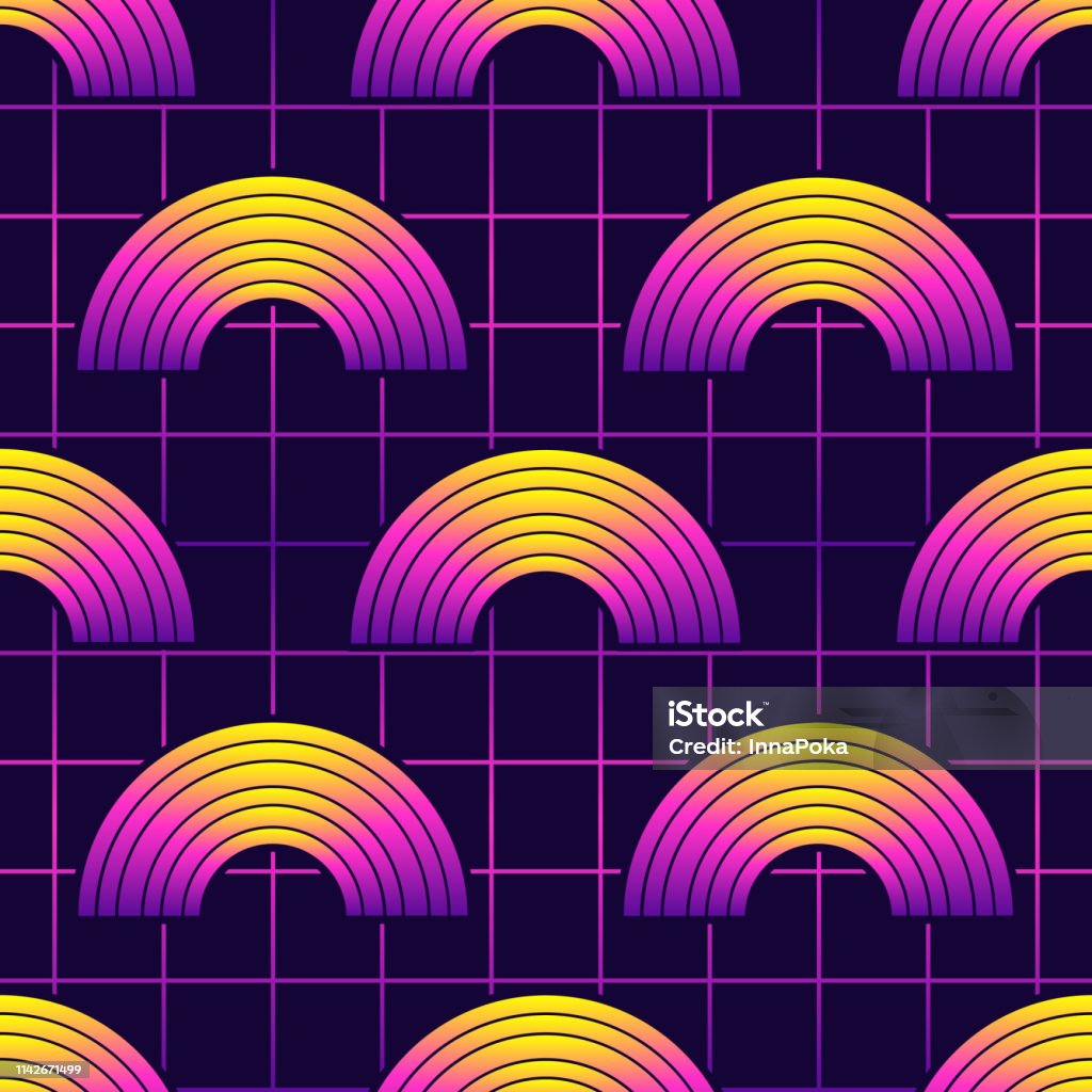 Neon Retrowave 80s Style Seamless Pattern With Rainbow Symbols Futuristic  Digital Vector Wallpaper Vaporwave Cyberpunk Aesthetics Laser Grid  Background Stock Illustration - Download Image Now - iStock