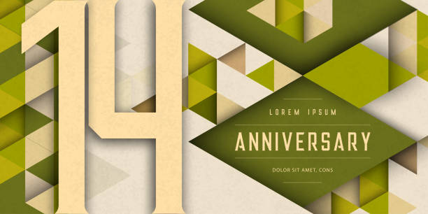 Anniversary emblems celebration logo, 14th birthday vector illustration, with texture background, modern geometric style and colorful polygonal design. 14 Anniversary template design, geometric design Anniversary emblems celebration logo, 14th birthday vector illustration, with texture background, modern geometric style and colorful polygonal design. 14 Anniversary template design, geometric design circa 14th century stock illustrations