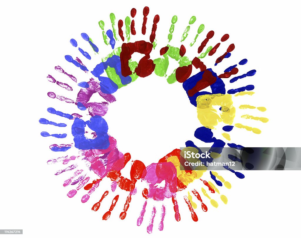 Handprints circulaire multicolore - Photo de Marée de mains tendues libre de droits
