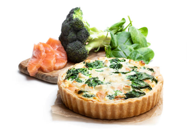 istock Raw salmon quiche wich broccoli and spinach isolated on white 1142672222