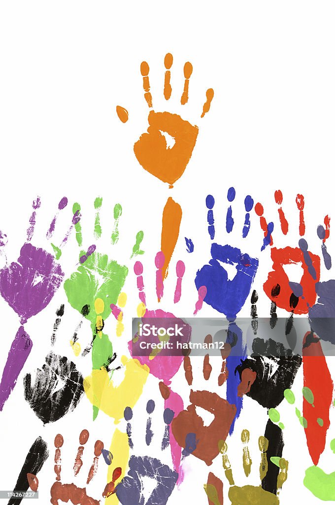 Raised hands in acrylic paint Painted handprints in the form of raised arms made from vivid acrylic paint on white paper.  Alternative version of this file shown below: Arms Raised Stock Photo