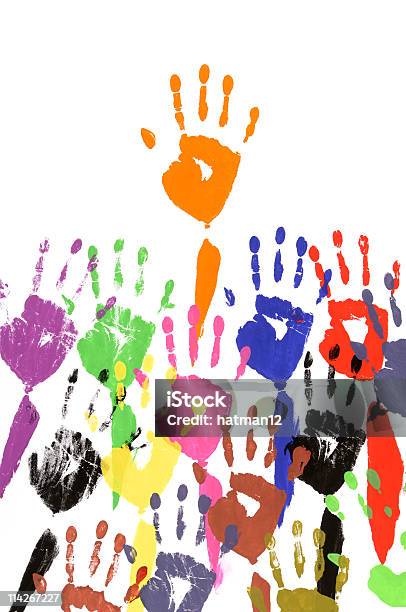 Raised Hands In Acrylic Paint Stock Photo - Download Image Now - Arms Raised, Child, Color Image