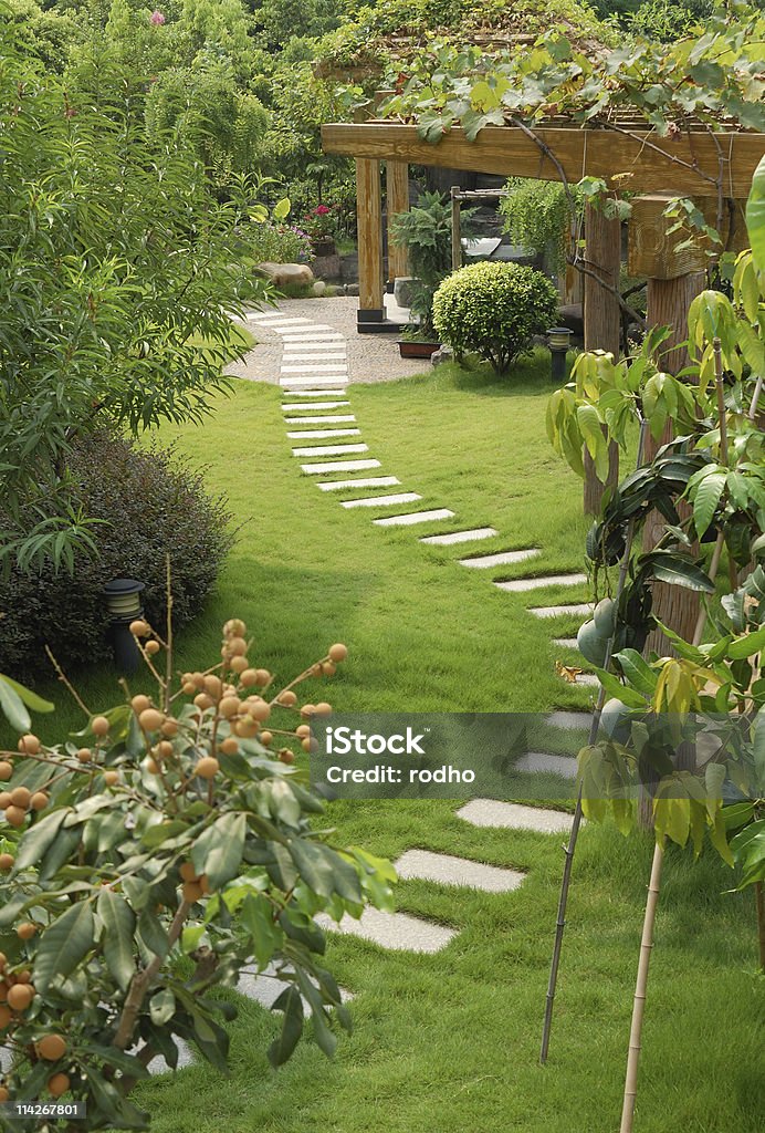 Narrow stone walkway through a lush, green garden A stone walkway winding its way through a tranquil garden Landscaped Stock Photo