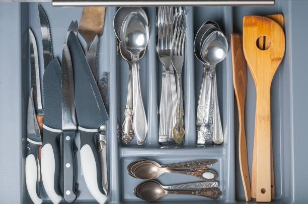istock Opened kitchen drawer with cutlery. Top view 1142680628