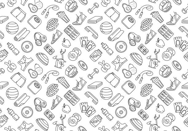 Sport, fitness, functional training background seamless doodle icons style pattern. Vector illustration Black and white thin line Sport, fitness, functional training background seamless hand drawn doodle icons style pattern. Gym sport objects: workout, tabata,  , yoga gym designs stock illustrations