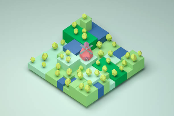 farm plantation landscape 3d low poly cute retro isometric 3d illustration.