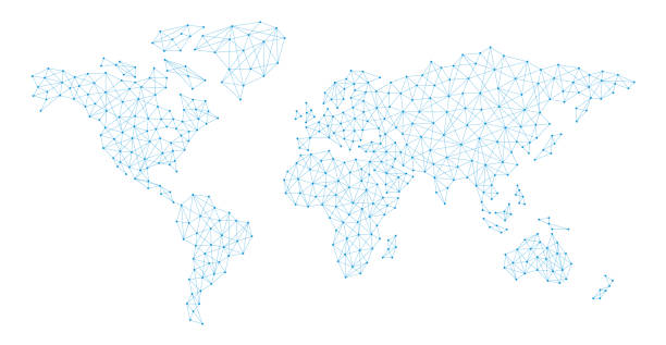 ilustraciones, imágenes clip art, dibujos animados e iconos de stock de conexión de mapa del mundo línea poligonal abstracta - europa continente