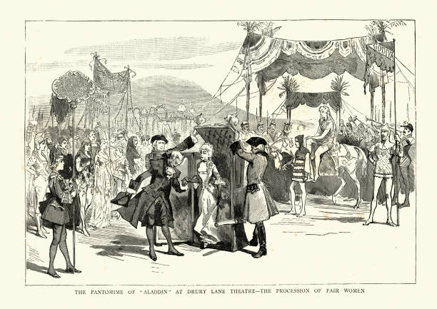 ilustrações, clipart, desenhos animados e ícones de pantomime, aladdin no teatro da pista de drury, londres, 19o século - drury lane
