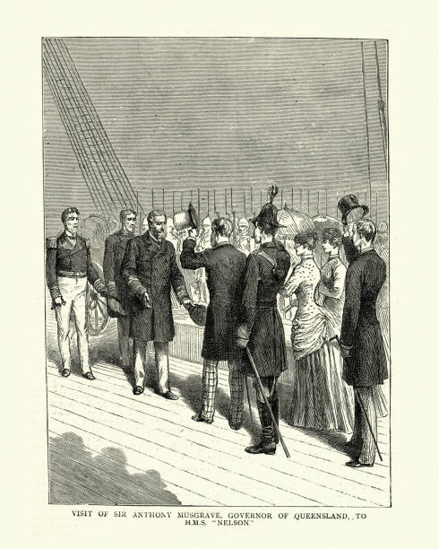 Sir Anthony Musgrave, Governor of Queensland visiting HMS Nelson Vintage engraving Sir Anthony Musgrave, Governor of Queensland visiting HMS Nelson, 19th Century governor stock illustrations