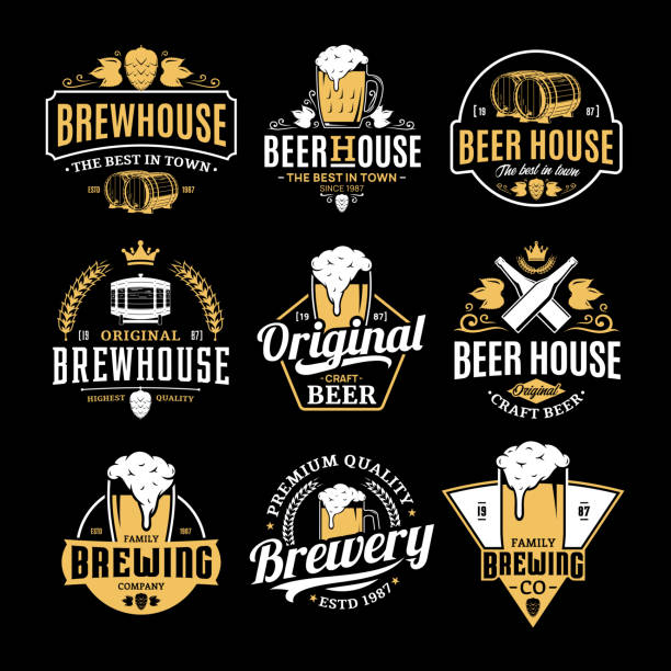 Vector white and yellow vintage beer badges and icons Vector white and yellow vintage beer icons isolated on black background for brew house, bar, pub, brewing company branding and identity. pub stock illustrations