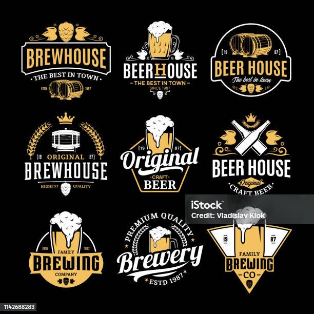 Vector White And Yellow Vintage Beer Badges And Icons Stock Illustration - Download Image Now