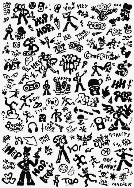 ilustrações, clipart, desenhos animados e ícones de música rap, hip hop cultura doodle conjunto - pattern music backgrounds city