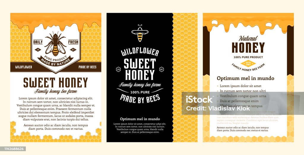 Honey ads design with honeycombs, dripping honey and bees Honey ads and packaging design template with bee, honeycombs and dripping honey for apiary and beekeeping  products, banding and identity. Honeycomb Pattern stock vector