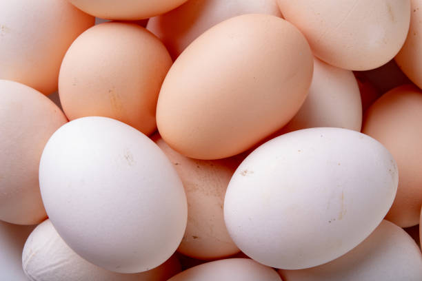 istock Fresh chicken eggs stacked on top of each other. A pile of eggs on the kitchen table. Light background. 1142689547