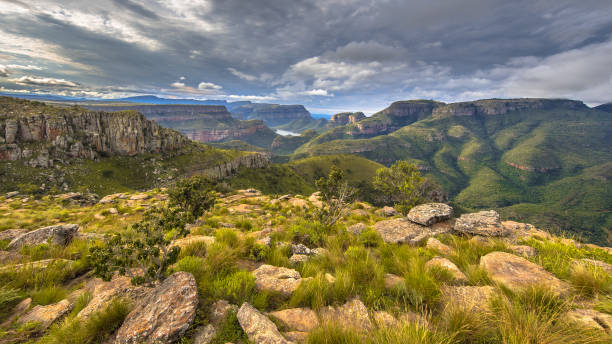 Blyde river canyon Lowveld viewpoint edit Blyde river Canyon panorama from Lowveld viewpoint over panoramic scenery in Mpumalanga South Africa drakensberg mountain range stock pictures, royalty-free photos & images