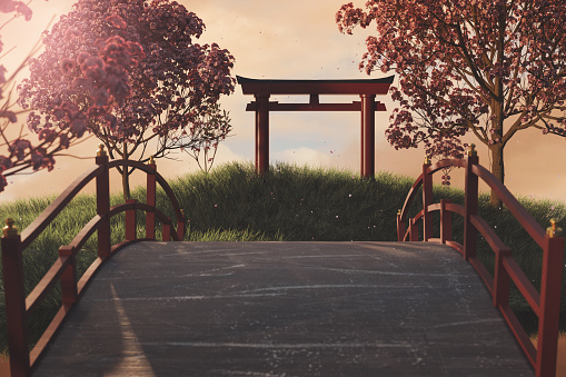 3d rendering of japanese shinto next to japanese cherry trees