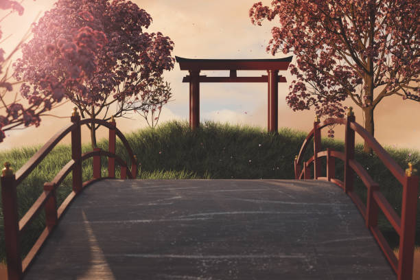 3d rendering of japanese shinto next to japanese cherry trees 3d rendering of japanese shinto next to japanese cherry trees shinto stock pictures, royalty-free photos & images