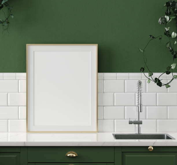 istock Mock up poster frame close-up in kitchen interior 1142696477