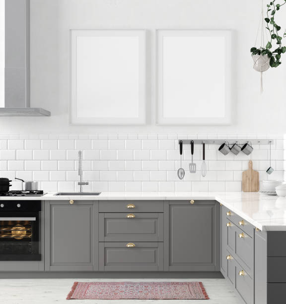 istock Mock up poster frame close-up in kitchen interior 1142696493