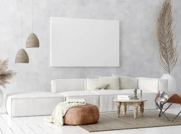 Mock up poster frame in home interior background, Scandi-boho style, 3D render