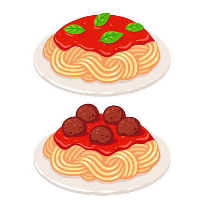 Cartoon plates of spaghetti with vegetarian tomato sauce and meatballs. Classic pasta dish vector illustration.