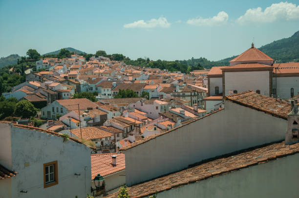 city landscape with old building roofs and church steeple - castelo de vide imagens e fotografias de stock