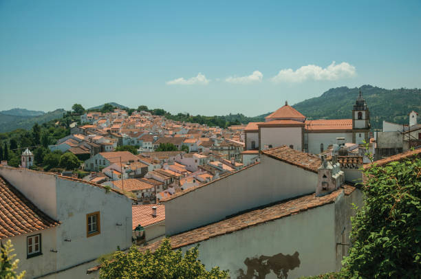 city landscape with old building roofs and church steeple - castelo de vide imagens e fotografias de stock
