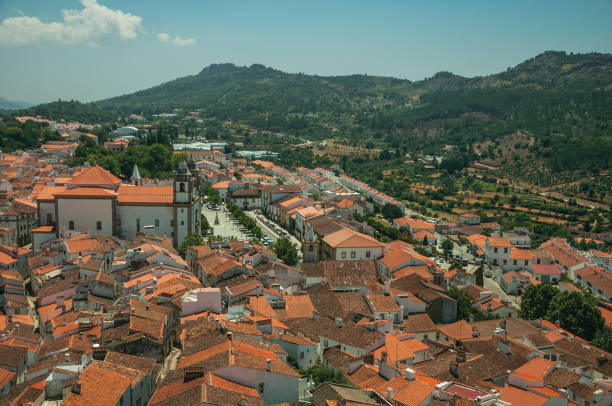 city landscape with old building roofs and church steeple - castelo de vide imagens e fotografias de stock