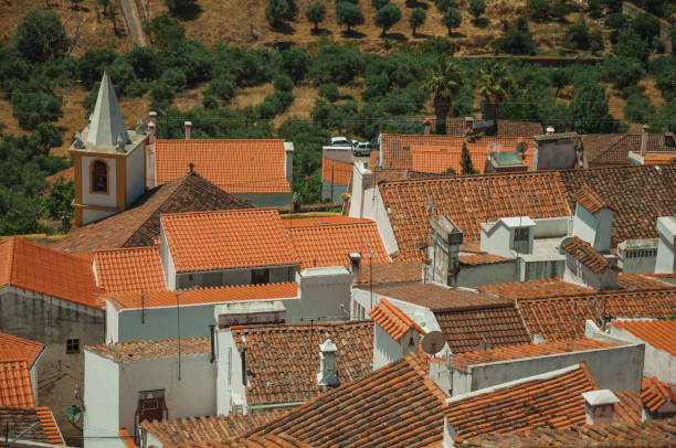 cityscape with many rooftops, steeple and fields - castelo de vide imagens e fotografias de stock