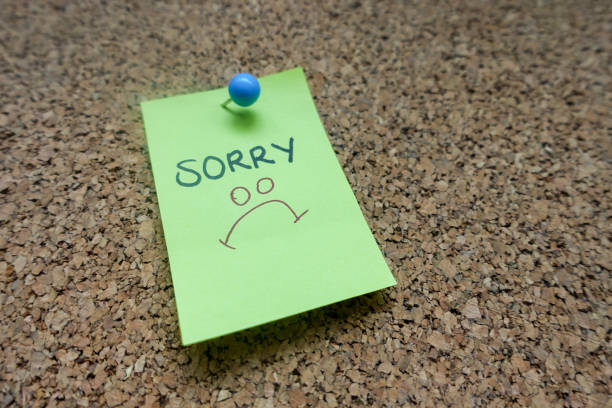 istock Green Sticky Note With Sorry Message And Blue Push Pin On Cork board 1142708734