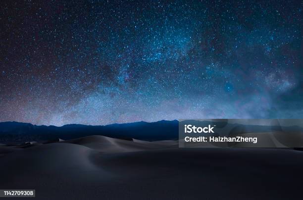 Sand Dunes And Mountains Stock Photo - Download Image Now - Night, Desert Area, Sky