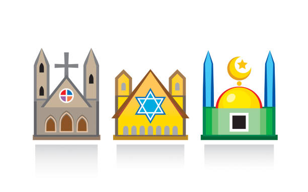 Cathedral church, Jewish synagogue, Islamic mosque. Religious temples, architectural structures. Cathedral church, Jewish synagogue, Islamic mosque. Religious temples, architectural structures. place of worship stock illustrations