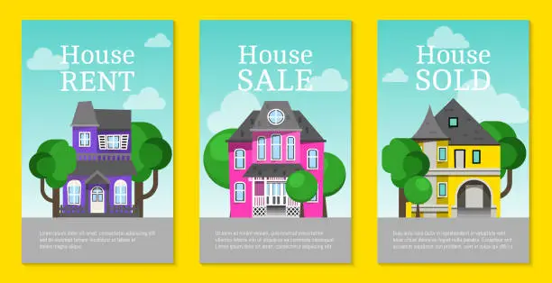 Vector illustration of House rent cards, home selection, building project, real estate concept, flat style vector illustration. Housing purchase realty choose commercial investment apartment. Property cottage buy.