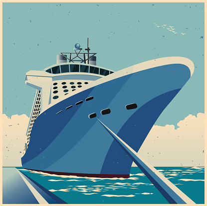 Stylized vector illustration of a huge cruise ship at the pier retro poster style
