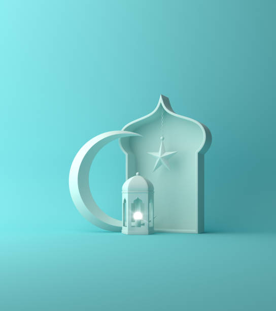 istock Arabic lantern, crescent star, window on blue pastel. 1142725135