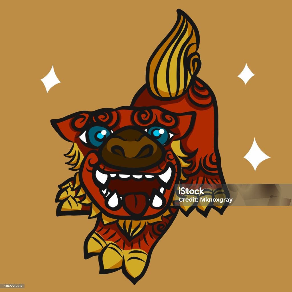 Japanese Lion with sparkle eyes cartoon vector illustration Shisa stock vector