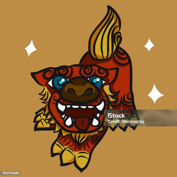 Japanese Lion With Sparkle Eyes Cartoon Vector Illustration Stock Illustration - Download Image Now