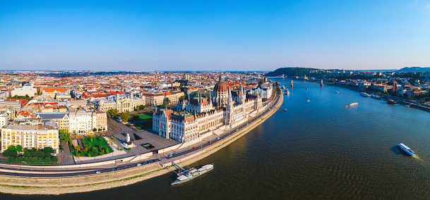 Aerial view of Budapest with Hungarian parliament building  in Hungary