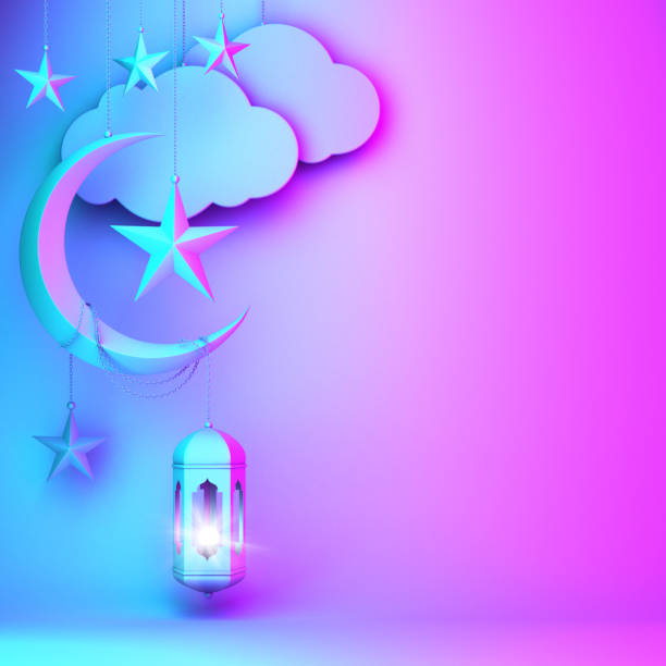 istock Arabic lantern, hanging cloud, crescent star on blue pink gradient background copy space text. 1142726745