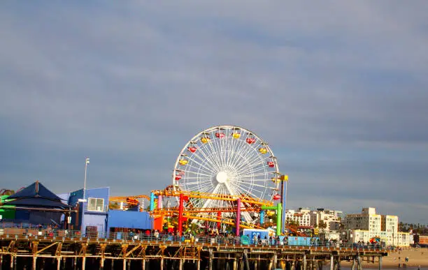 The well-known Santa Monica Pier amusement park on a cloudy afternoon in Los Angeles