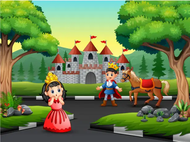 Vector illustration of Cartoon prince and little princess on the road tro the castle