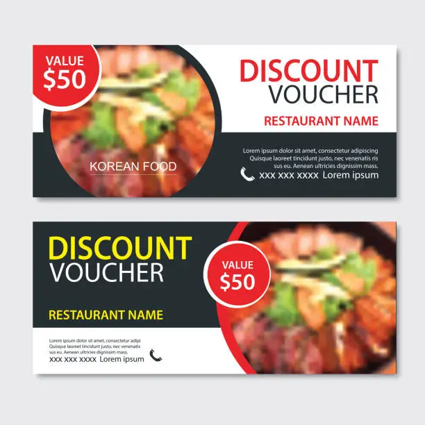 Vector illustration of Discount gift voucher asian food template design. Korean and japanese set. Use for coupon, banner, flyer, sale, promotion.