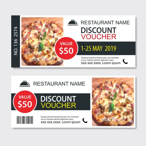 Vector illustration of Discount gift voucher fast food template design. Pizza set. Use for coupon, banner, flyer, sale, promotion.