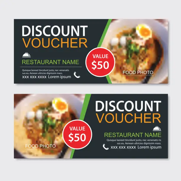 Vector illustration of Discount gift voucher asian food template design. Noodles set. Use for coupon, banner, flyer, sale, promotion.